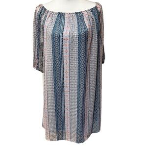L Love Bohemian Print 3/4 Sleeve Shift Dress‎ Blue & Pink Women’s Size Small